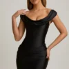 Maeve Satin Off-Shoulder Draped Mini Dress in Black