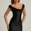 Maeve Satin Off-Shoulder Draped Mini Dress in Black