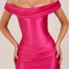 Maeve Satin Off-Shoulder Draped Mini Dress in Hot Pink