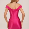 Maeve Satin Off-Shoulder Draped Mini Dress in Hot Pink
