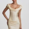 Maeve Satin Off-Shoulder Draped Mini Dress in Ivory