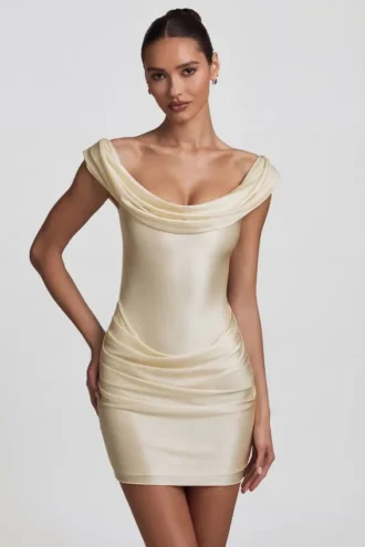 Maeve Satin Off-Shoulder Draped Mini Dress in Ivory