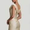 Maeve Satin Off-Shoulder Draped Mini Dress in Ivory
