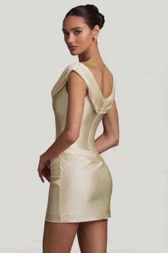 Maeve Satin Off-Shoulder Draped Mini Dress in Ivory