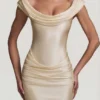 Maeve Satin Off-Shoulder Draped Mini Dress in Ivory