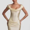 Maeve Satin Off-Shoulder Draped Mini Dress in Ivory