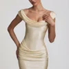 Maeve Satin Off-Shoulder Draped Mini Dress in Ivory