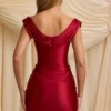 Maeve Satin Off-Shoulder Draped Mini Dress in True Red