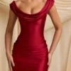 Maeve Satin Off-Shoulder Draped Mini Dress in True Red