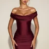 Maeve Satin Off-Shoulder Draped Mini Dress in Wine Red
