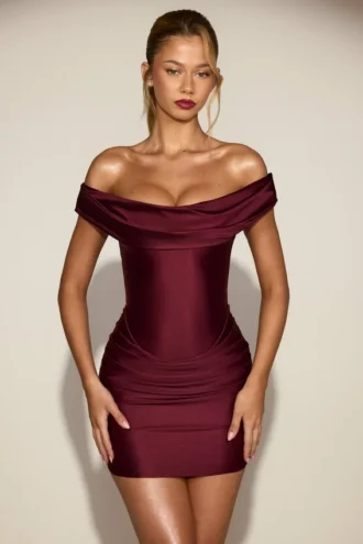 Maeve Satin Off-Shoulder Draped Mini Dress in Wine Red