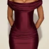 Maeve Satin Off-Shoulder Draped Mini Dress in Wine Red
