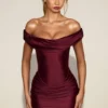 Maeve Satin Off-Shoulder Draped Mini Dress in Wine Red