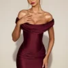 Maeve Satin Off-Shoulder Draped Mini Dress in Wine Red