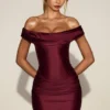 Maeve Satin Off-Shoulder Draped Mini Dress in Wine Red