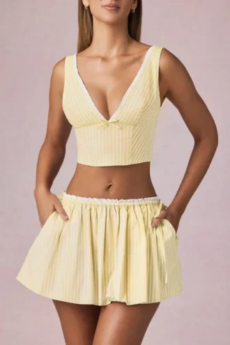 Magda Bow-Detail Crop Top in Lemon Yellow Stripe