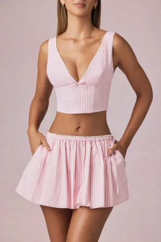 Magda Bow-Detail Crop Top in Soft Mauve Stripe