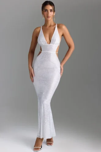 Magdalena Embellished Cut-Out Backless Maxi Dress in White