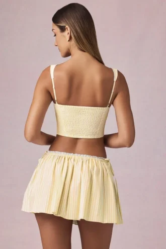 Maira Ruched Drawstring Mini Skirt in Lemon Yellow Stripe