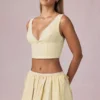 Maira Ruched Drawstring Mini Skirt in Lemon Yellow Stripe