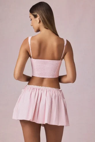 Maira Ruched Drawstring Mini Skirt in Soft Mauve Stripe