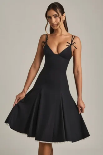 Mallory Bow-Detail A-Line Midi Dress in Black