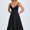 Mallory Bow-Detail A-Line Midi Dress in Black