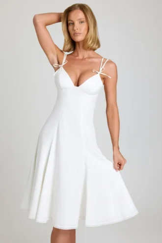 Mallory Bow-Detail A-Line Midi Dress in White