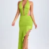 Manami Asymmetric Cut-Out Halterneck Midaxi Dress in Lime Green