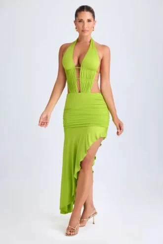 Manami Asymmetric Cut-Out Halterneck Midaxi Dress in Lime Green