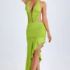 Manami Asymmetric Cut-Out Halterneck Midaxi Dress in Lime Green