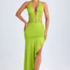 Manami Asymmetric Cut-Out Halterneck Midaxi Dress in Lime Green