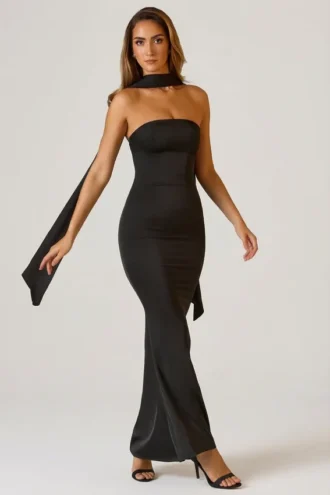 Mandi Scarf-Detail Strapless Gown in Black