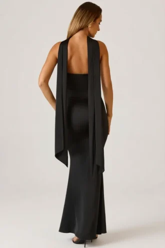 Mandi Scarf-Detail Strapless Gown in Black