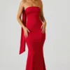 Mandi Scarf-Detail Strapless Gown in Scarlet Red