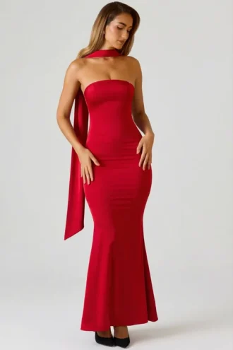 Mandi Scarf-Detail Strapless Gown in Scarlet Red