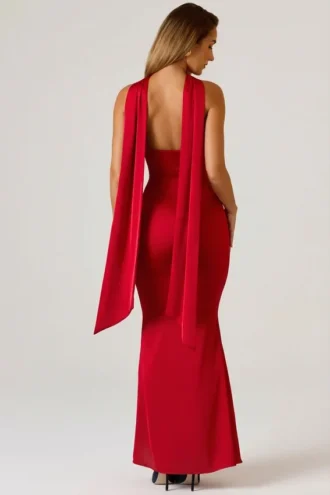 Mandi Scarf-Detail Strapless Gown in Scarlet Red