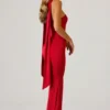 Mandi Scarf-Detail Strapless Gown in Scarlet Red