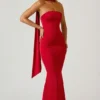 Mandi Scarf-Detail Strapless Gown in Scarlet Red