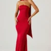 Mandi Scarf-Detail Strapless Gown in Scarlet Red
