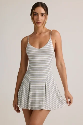 Mansi Modal Ribbed Tie-Back A-Line Mini Dress in Blue Yellow Stripe