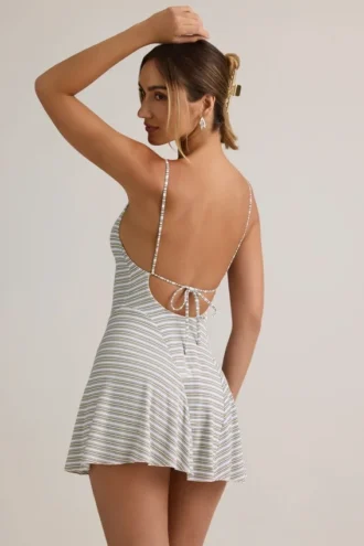 Mansi Modal Ribbed Tie-Back A-Line Mini Dress in Blue Yellow Stripe
