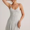 Mansi Modal Ribbed Tie-Back A-Line Mini Dress in Blue Yellow Stripe