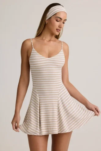 Mansi Modal Ribbed Tie-Back A-Line Mini Dress in Pink Yellow Stripe