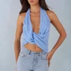 Maraya Deep Plunge Halterneck Top in Blue Polka Dot Print