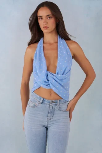 Maraya Deep Plunge Halterneck Top in Blue Polka Dot Print