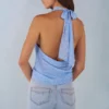 Maraya Deep Plunge Halterneck Top in Blue Polka Dot Print