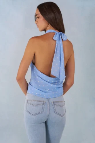 Maraya Deep Plunge Halterneck Top in Blue Polka Dot Print