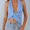 Maraya Deep Plunge Halterneck Top in Blue Polka Dot Print