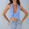 Maraya Deep Plunge Halterneck Top in Blue Polka Dot Print